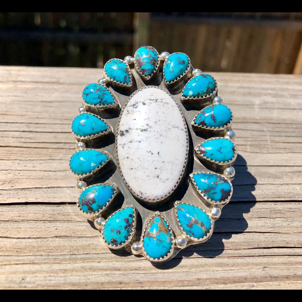 Sterling silver white buffalo & turquoise ring